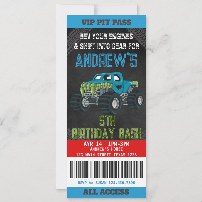 Monster Truck Ticket Birthday Party Invitation  (Front)