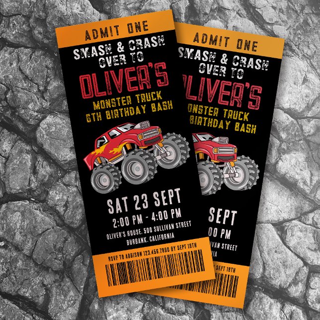 Monster Truck Ticket Birthday Party Invitation (Creator Uploaded)