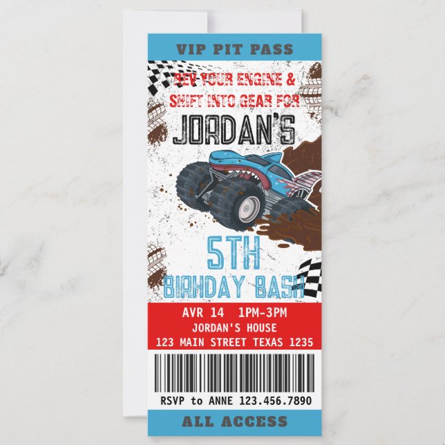 Monster Truck Ticket Birthday Party Invitation (Front)