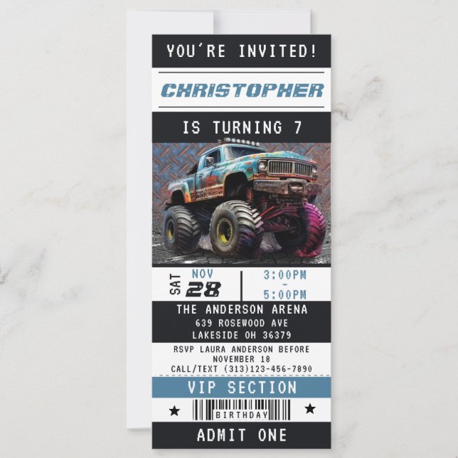 Monster Truck Ticket Boys Birthday Party Invitation (Front)
