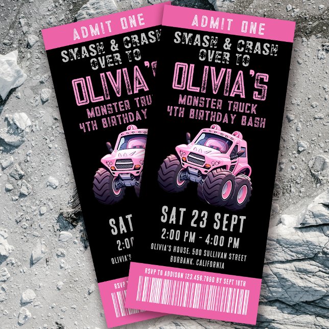 Monster Truck Ticket Girl's Birthday Party Invitation (Creator Uploaded)
