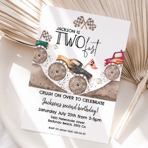 Monster Truck TWO FAST 2nd kids birthday Invitation