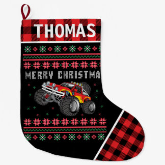 Monster Truck Ugly Christmas Sweater Red Plaid Large Christmas Stocking