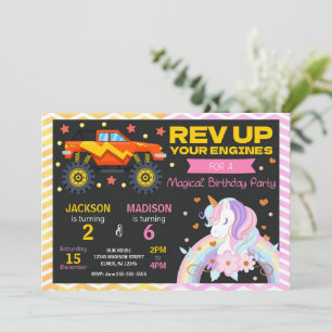 Monster Truck & Unicorn Joint Birthday Invitation