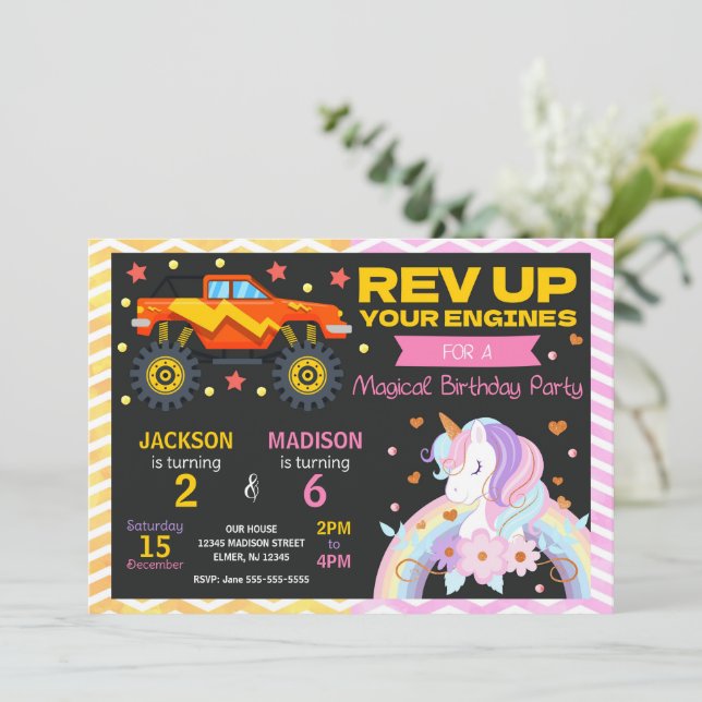 Monster Truck & Unicorn Joint Birthday Invitation (Standing Front)