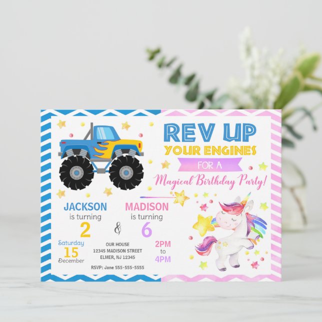 Monster Truck & Unicorn Joint Birthday Invitation (Standing Front)