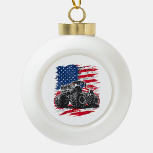 Monster Truck USA Flag American Ceramic Ball Christmas Ornament