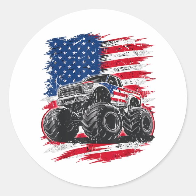 Monster Truck USA Flag American Classic Round Sticker (Front)