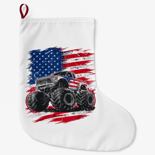 Monster Truck USA Flag American Large Christmas Stocking (Front)
