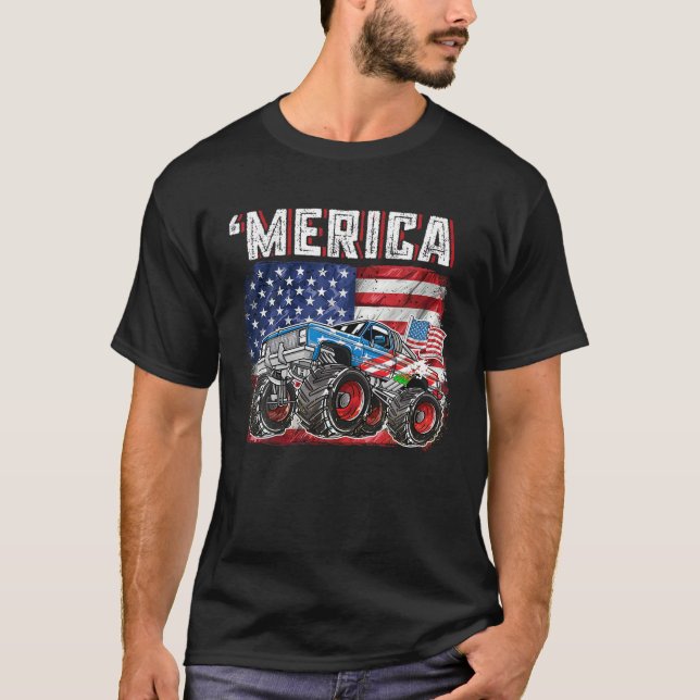 Monster Truck USA Flag Merica Men Boys 4th of July T-Shirt (Front)