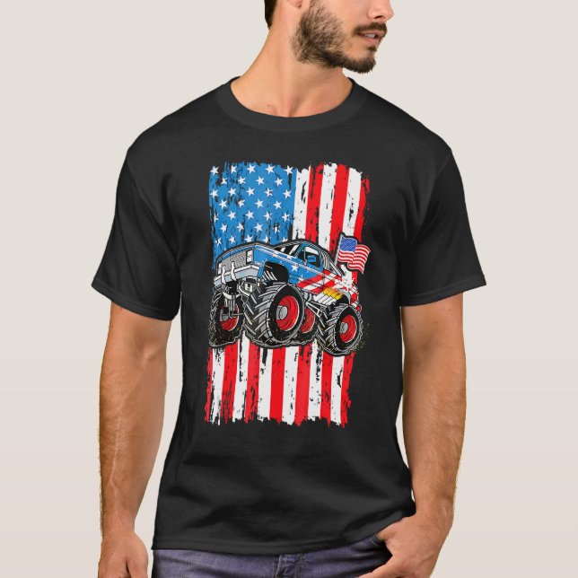 Monster Truck Usa Flag Patriotic Boys Men 4th Of J T-Shirt (Front)