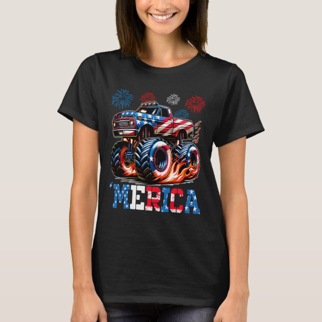 Monster Truck Usa Flag Patriotic Toddlers Boys 4th T-Shirt (Front)