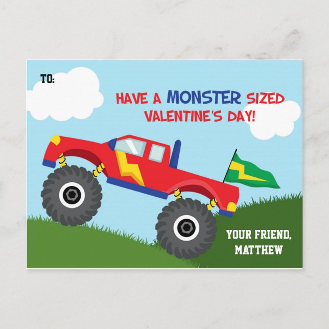 Monster Truck Valentines Day Card Kids (for Boys) (Front)