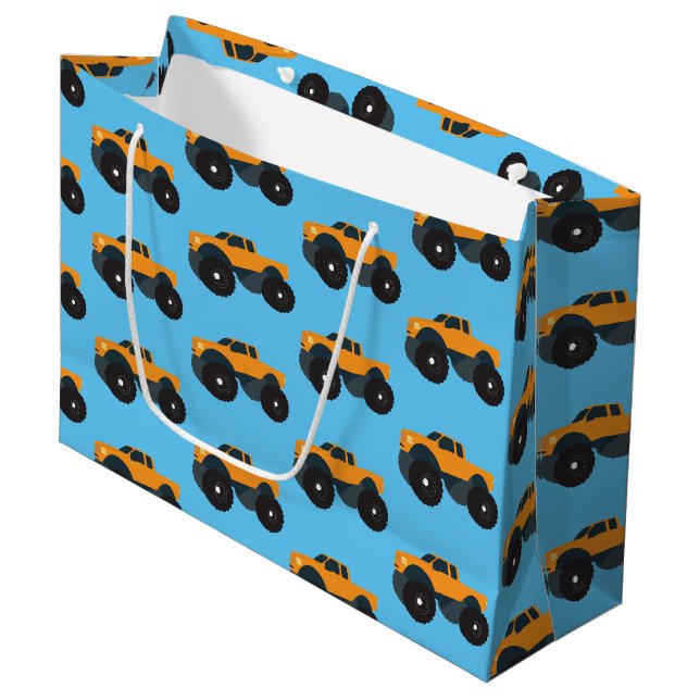 Monster Truck Vehicle Orange Blue  Large Gift Bag (Front Angled)