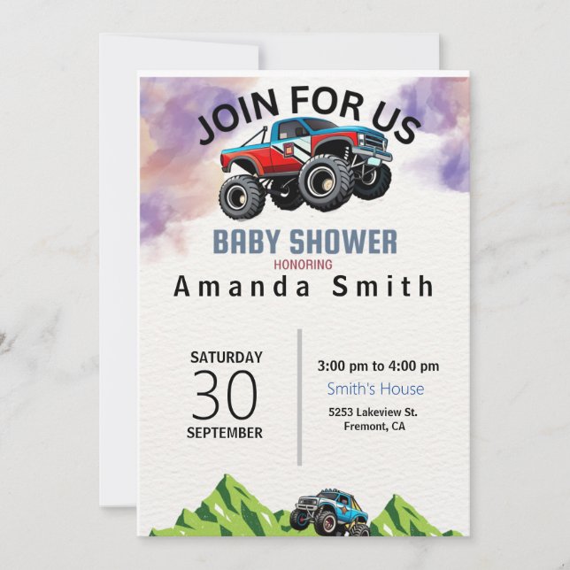Monster Truck Watercolor Baby Shower Invitation (Front)