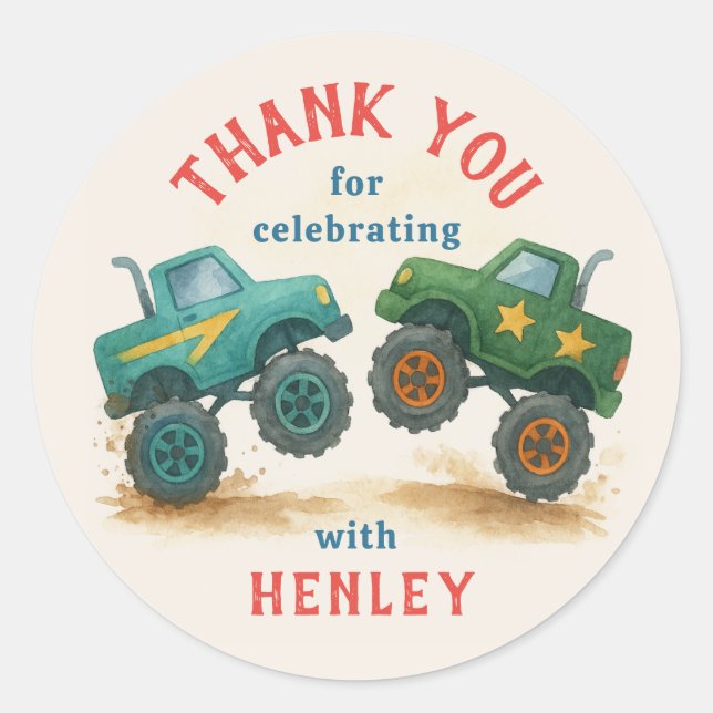 Monster Truck Watercolor Kids Birthday Party Classic Round Sticker (Front)