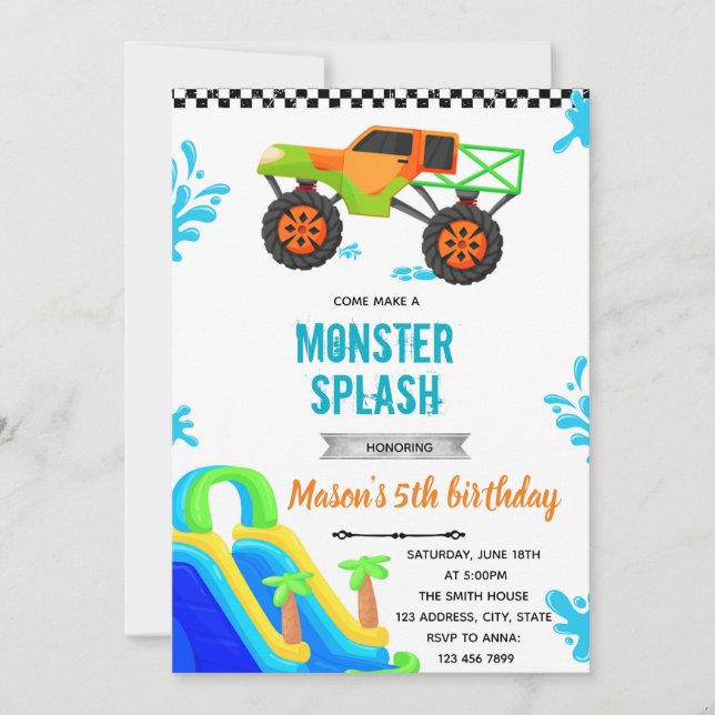 Monster Truck waterslide pool party Invitation (Front)