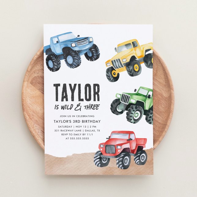 Monster Truck Wild and Three Boy 3rd Birthday Invitation (Creator Uploaded)