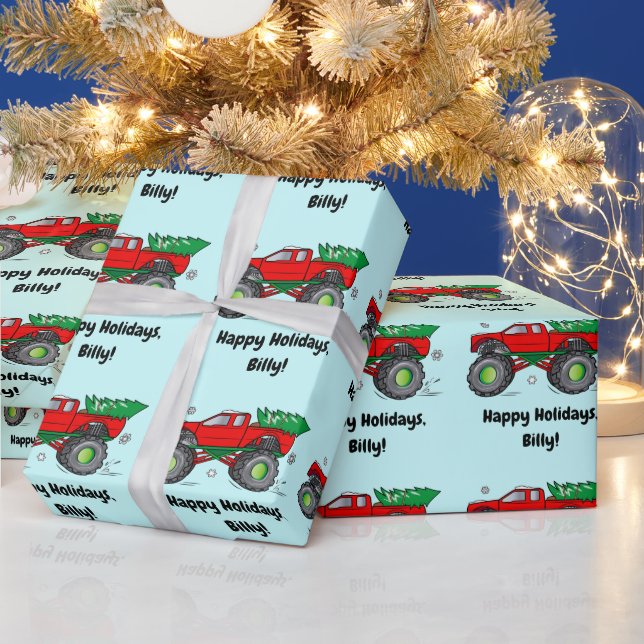 Monster Truck with Christmas Tree Name Customise Wrapping Paper (Holidays)
