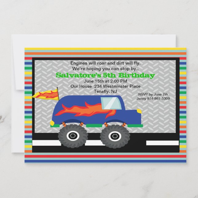 Monster Truck with Flames Birthday Invitation (Front)