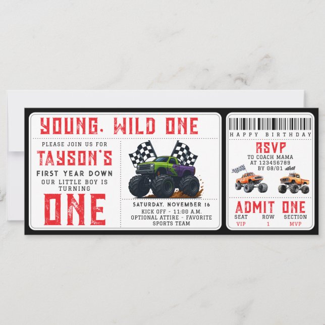 Monster Trucks 1st Birthday Ticket Invitation  (Front)