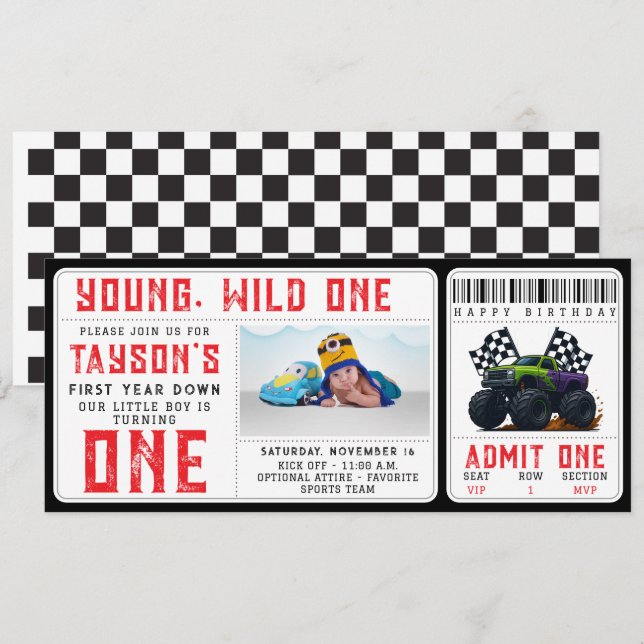 Monster Trucks 1st Birthday Ticket Invitation (Front/Back)