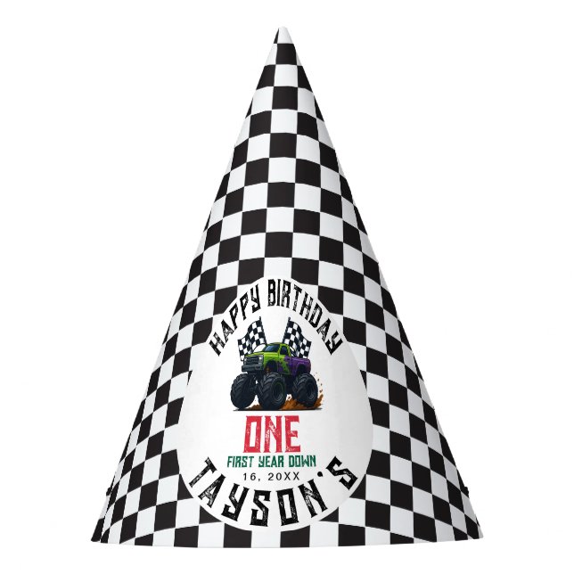 Monster Trucks 1st Birthday Vroom Party Party Hat (Front)