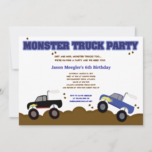 MONSTER TRUCKS 5x7 Birthday Invitations (Front)
