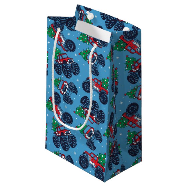 Monster Trucks and Christmas Trees Pattern Small Gift Bag (Front Angled)