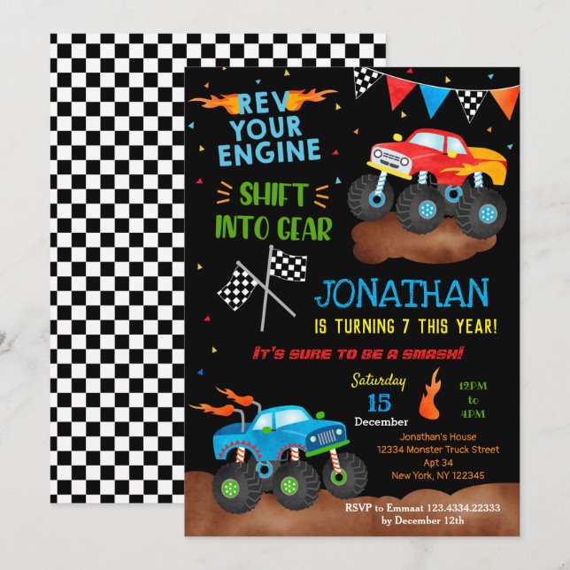 Monster Trucks Birthday Invitations for boy Trucks (Front/Back)