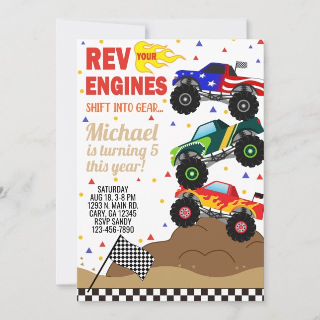 Monster trucks boy birthday invitation. invitation (Front)