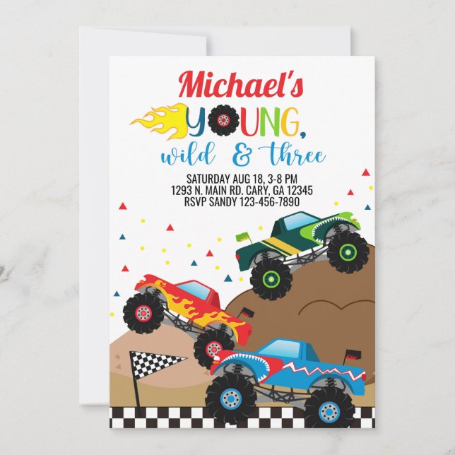Monster trucks boy birthday invitation. invitation (Front)