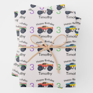 Monster Trucks Boy's Name & Age Birthday Wrapping Paper Sheet