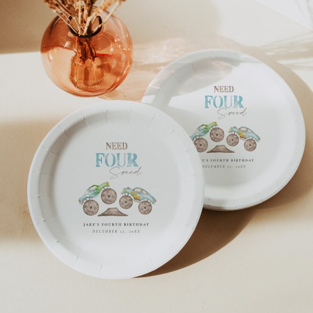 Monster Trucks Green Blue Birthday Paper Plates (Creator Uploaded)