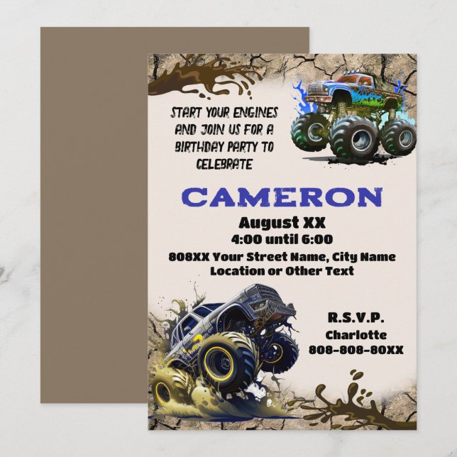 Monster Trucks in The Mud Invitation (Front/Back)