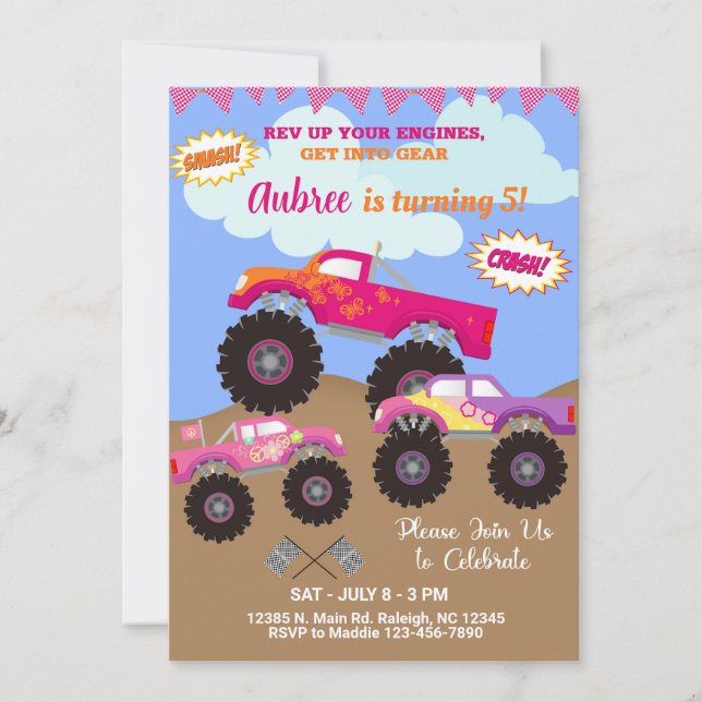 Monster trucks pink girl birthday invitation. invitation (Front)