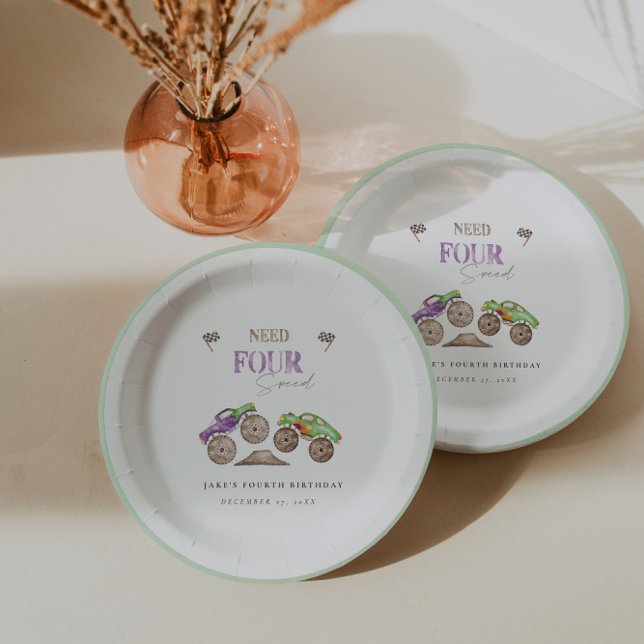 Monster Trucks Purple Green Birthday Paper Plates (Creator Uploaded)