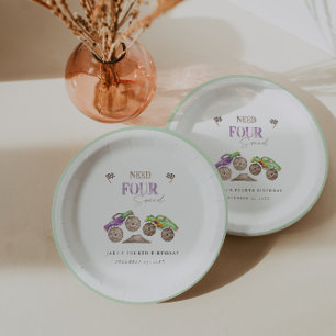Monster Trucks Purple Green Birthday Paper Plates