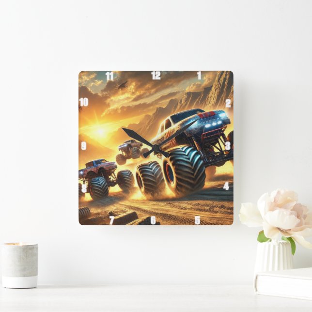 Monster Trucks Racing in a Desert at Sunset Square Wall Clock (Home)