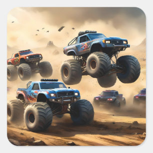 Monster Trucks Racing In The Desert, Square Sticker