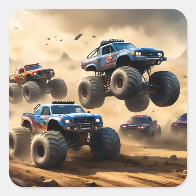 Monster Trucks Racing In The Desert,  Square Sticker (Front)