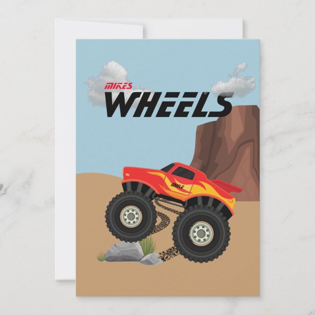 Monster wheels orange, yellow, red, green invitation (Front)