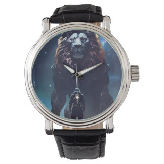 monster with the head of  lion balck leather watch