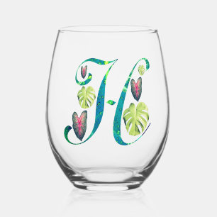 Monstera Alphabet "H" Stemless Wine Glass