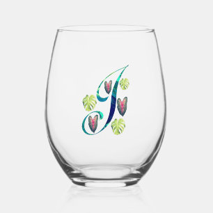 Monstera Alphabet "J" Stemless Wine Glass