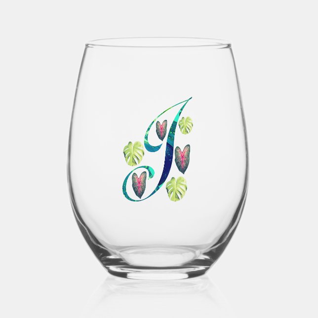 Monstera Alphabet "J"  Stemless Wine Glass (Front)