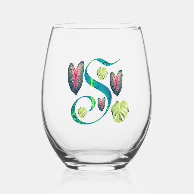 Monstera Alphabet "S"  Stemless Wine Glass (Front)