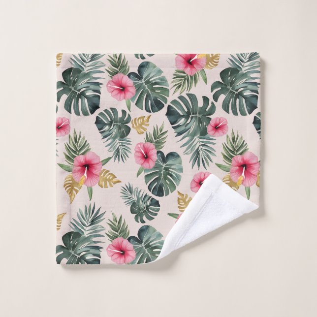 Monstera and Hibiscus Pattern Bath Towel Set (Wash Cloth)