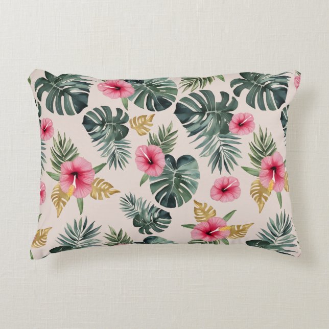 Monstera and Hibiscus Pattern Decorative Cushion (Front)