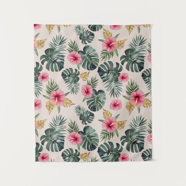 Monstera and Hibiscus Pattern Tapestry (Front)
